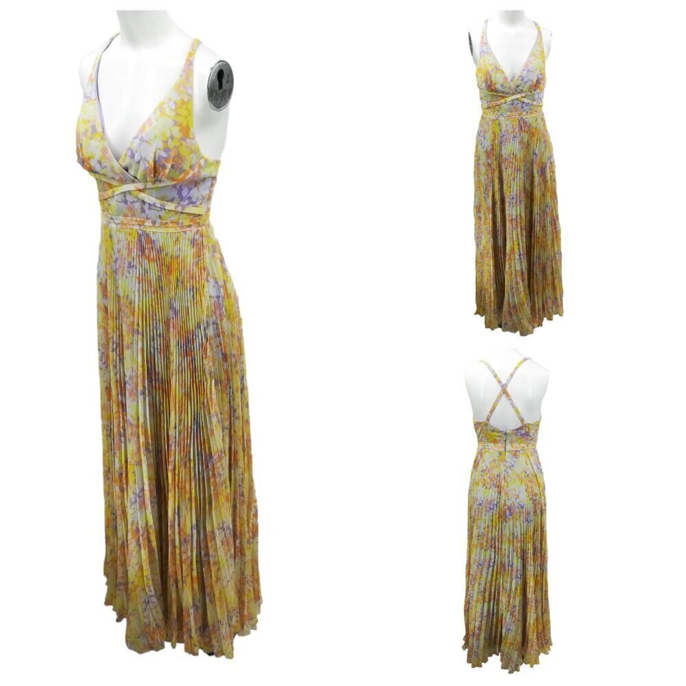 Laundry by Shelli Segal Floral Pleated Maxi Sun Dress Size 0 Yellow Cross Back